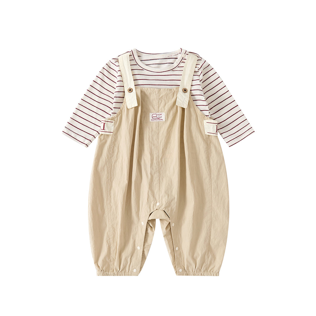 Cute Spring New Infant and Toddler Label Overalls Set, Baby Stylish Stripe Top and Pants Two-Piece Set