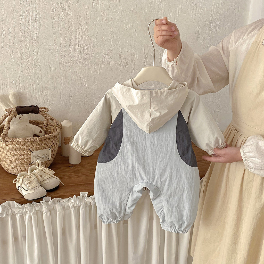 Spring New Baby  Hooded Romper Cute Simple Patchwork Long Baby Jumpsuit