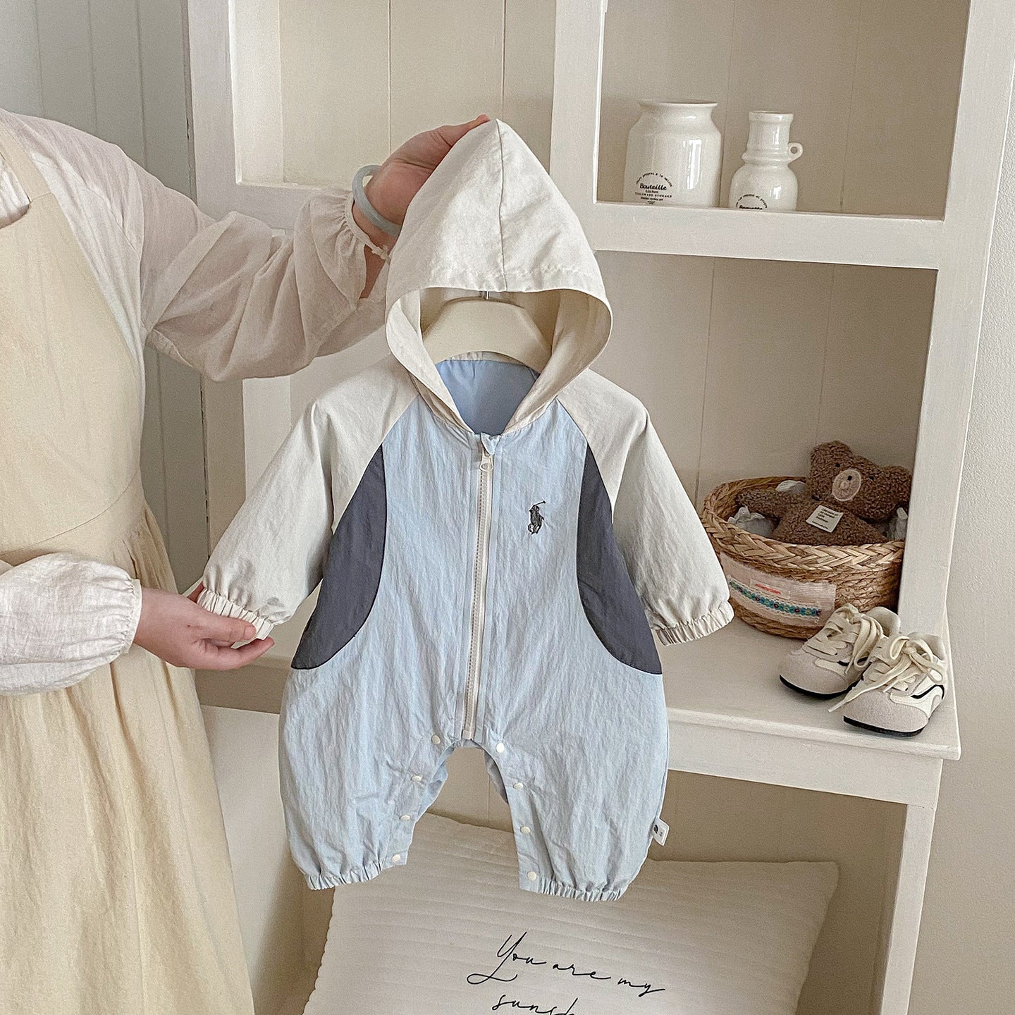 Spring New Baby  Hooded Romper Cute Simple Patchwork Long Baby Jumpsuit