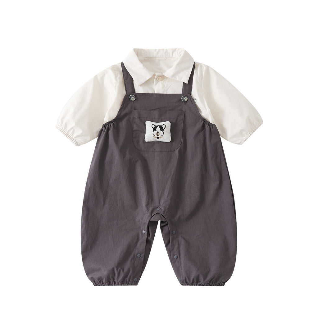 Cute Spring New Baby Boys' Overalls Set with Front Pocket, Cartoon Romper and Shirt Two-Piece Outfit