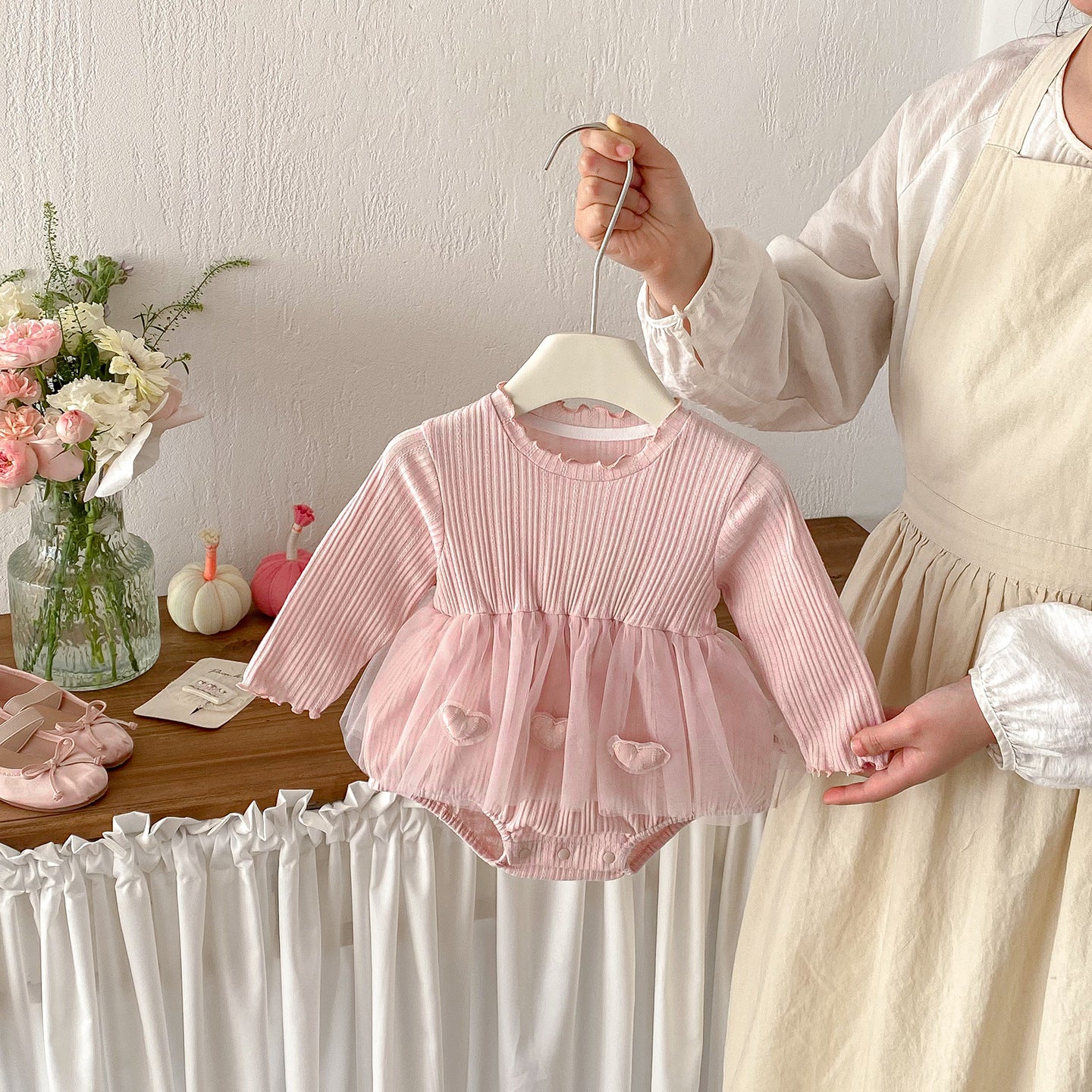 Spring New Knit Romper Dress for Baby Girls, Cute and Stylish Ribbed Hem with Lace Trim, Triangle Crawl Design