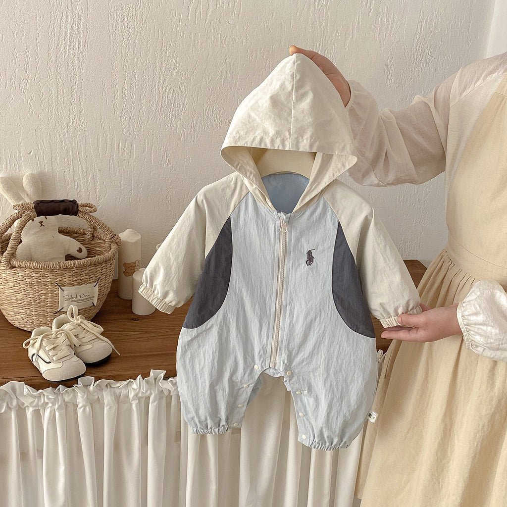 Spring New Baby  Hooded Romper Cute Simple Patchwork Long Baby Jumpsuit
