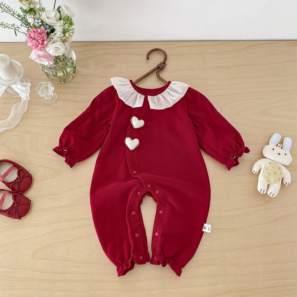 Spring New Baby Girl Love Heart Lace Collar Romper, Stylish Patchwork Onesie for Newborns, Long Sleeve Crawler