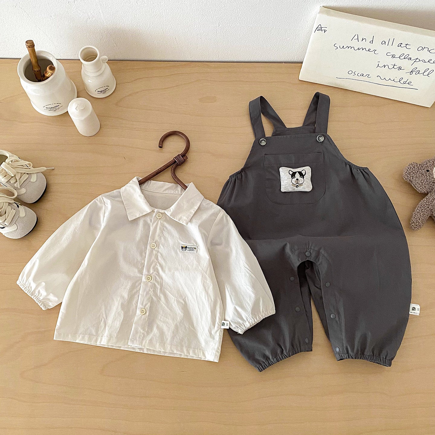 Cute Spring New Baby Boys' Overalls Set with Front Pocket, Cartoon Romper and Shirt Two-Piece Outfit