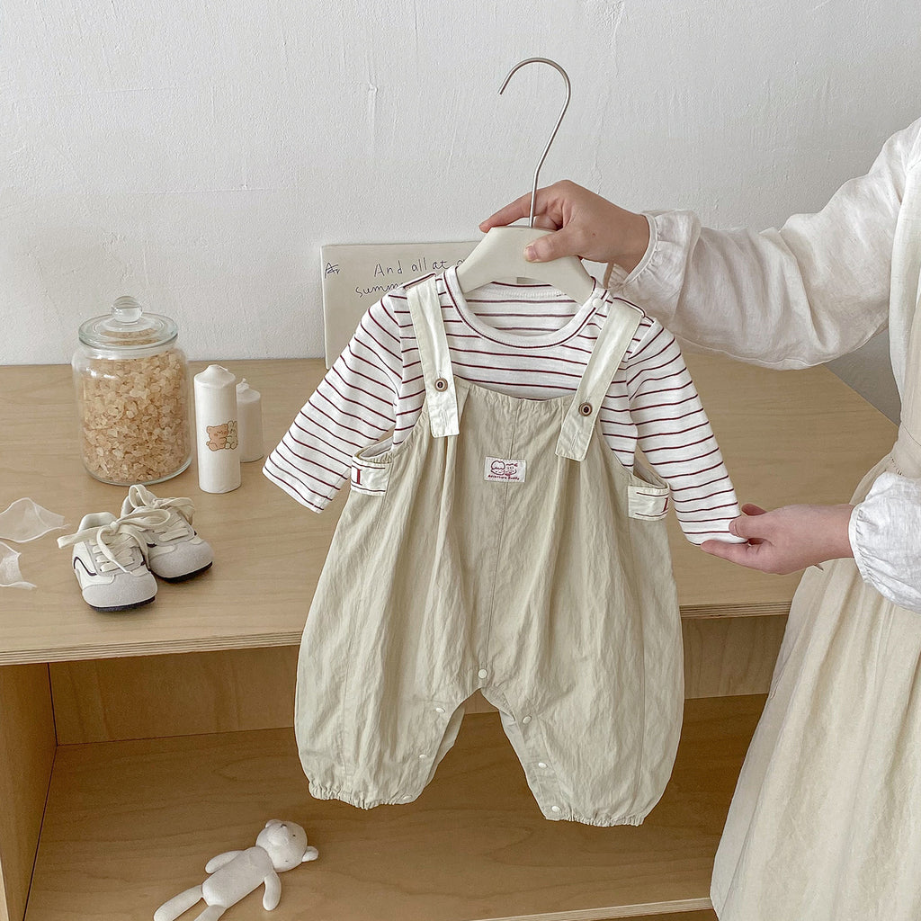 Cute Spring New Infant and Toddler Label Overalls Set, Baby Stylish Stripe Top and Pants Two-Piece Set