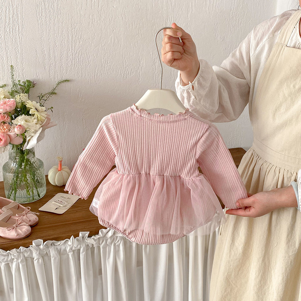 Spring New Knit Romper Dress for Baby Girls, Cute and Stylish Ribbed Hem with Lace Trim, Triangle Crawl Design
