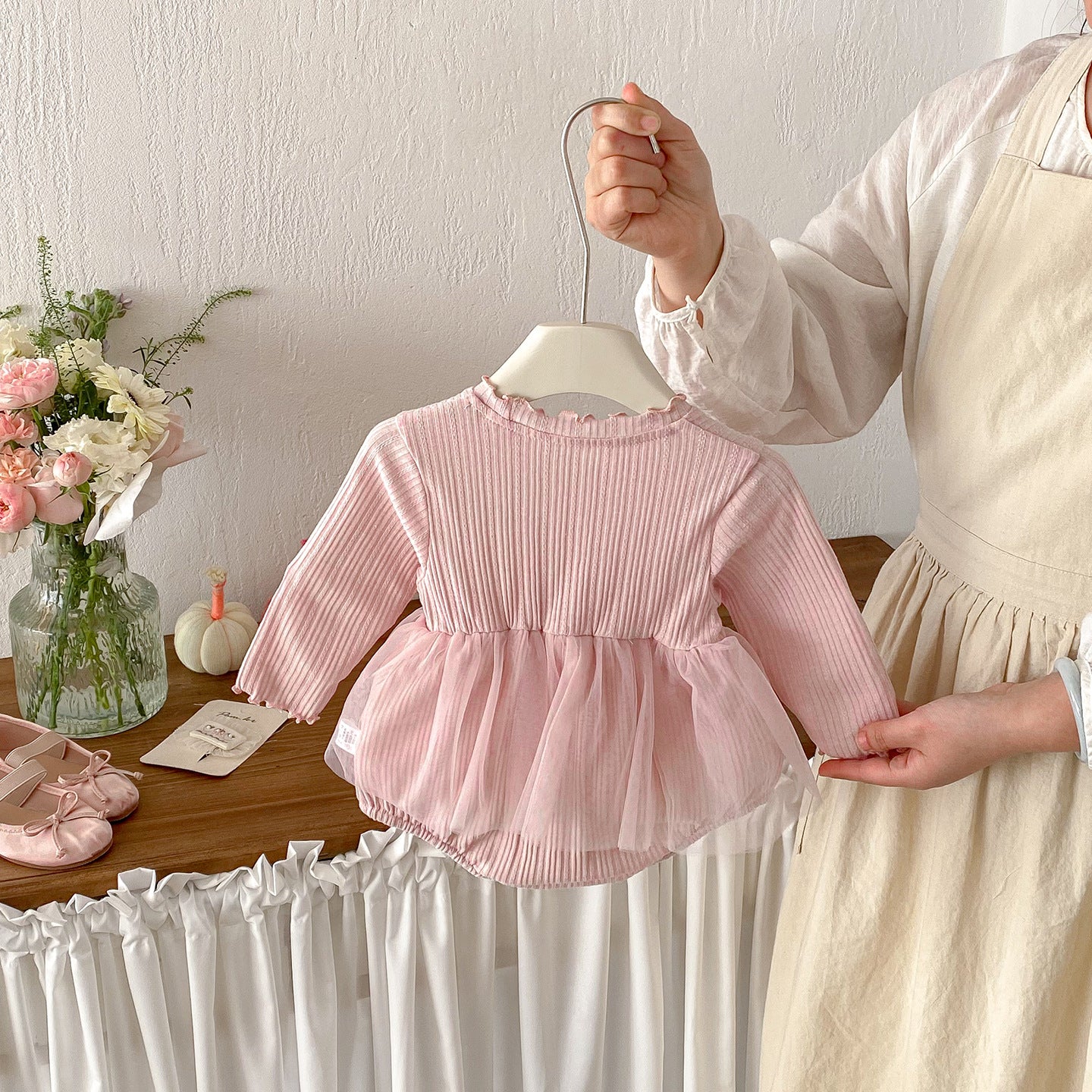 Spring New Knit Romper Dress for Baby Girls, Cute and Stylish Ribbed Hem with Lace Trim, Triangle Crawl Design