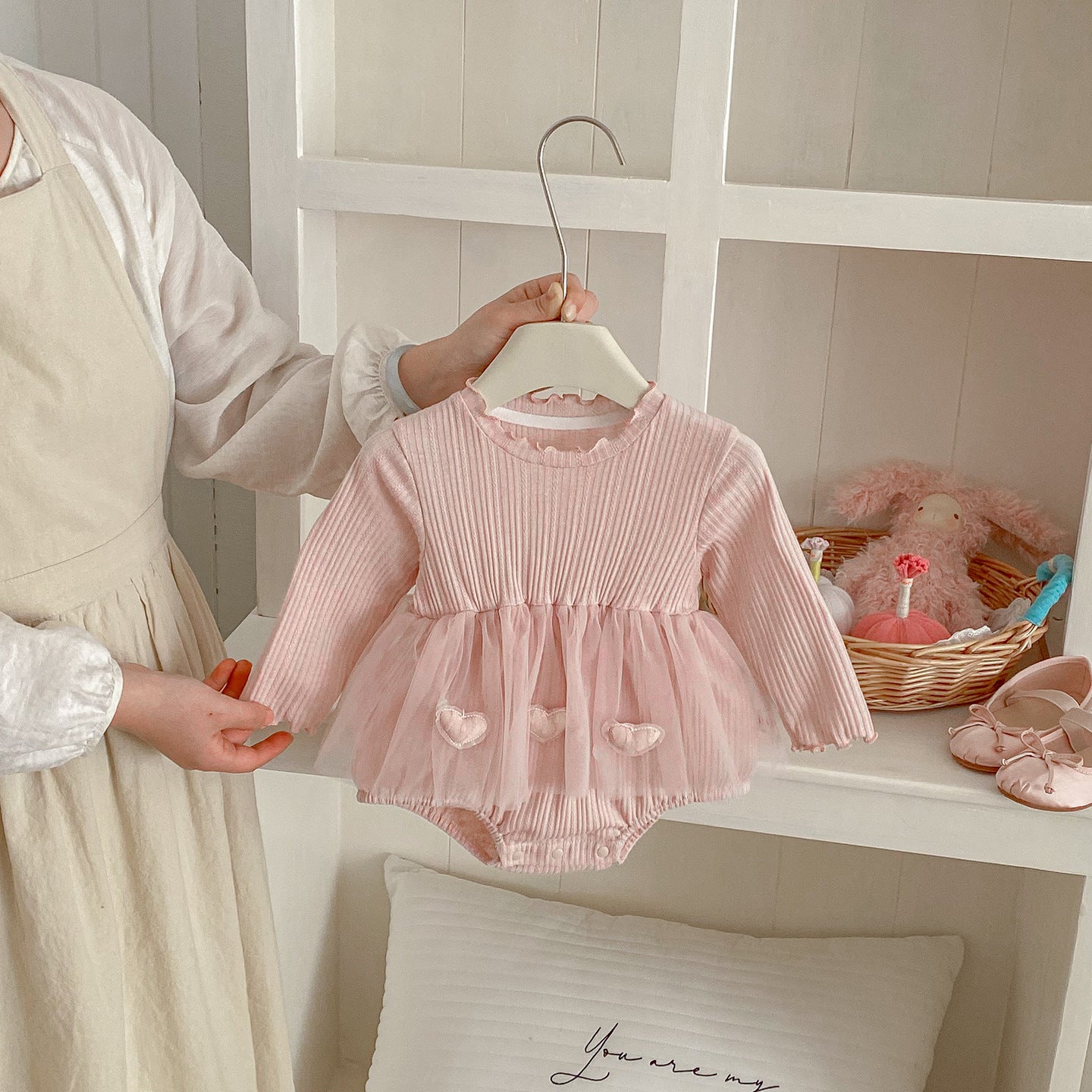 Spring New Knit Romper Dress for Baby Girls, Cute and Stylish Ribbed Hem with Lace Trim, Triangle Crawl Design