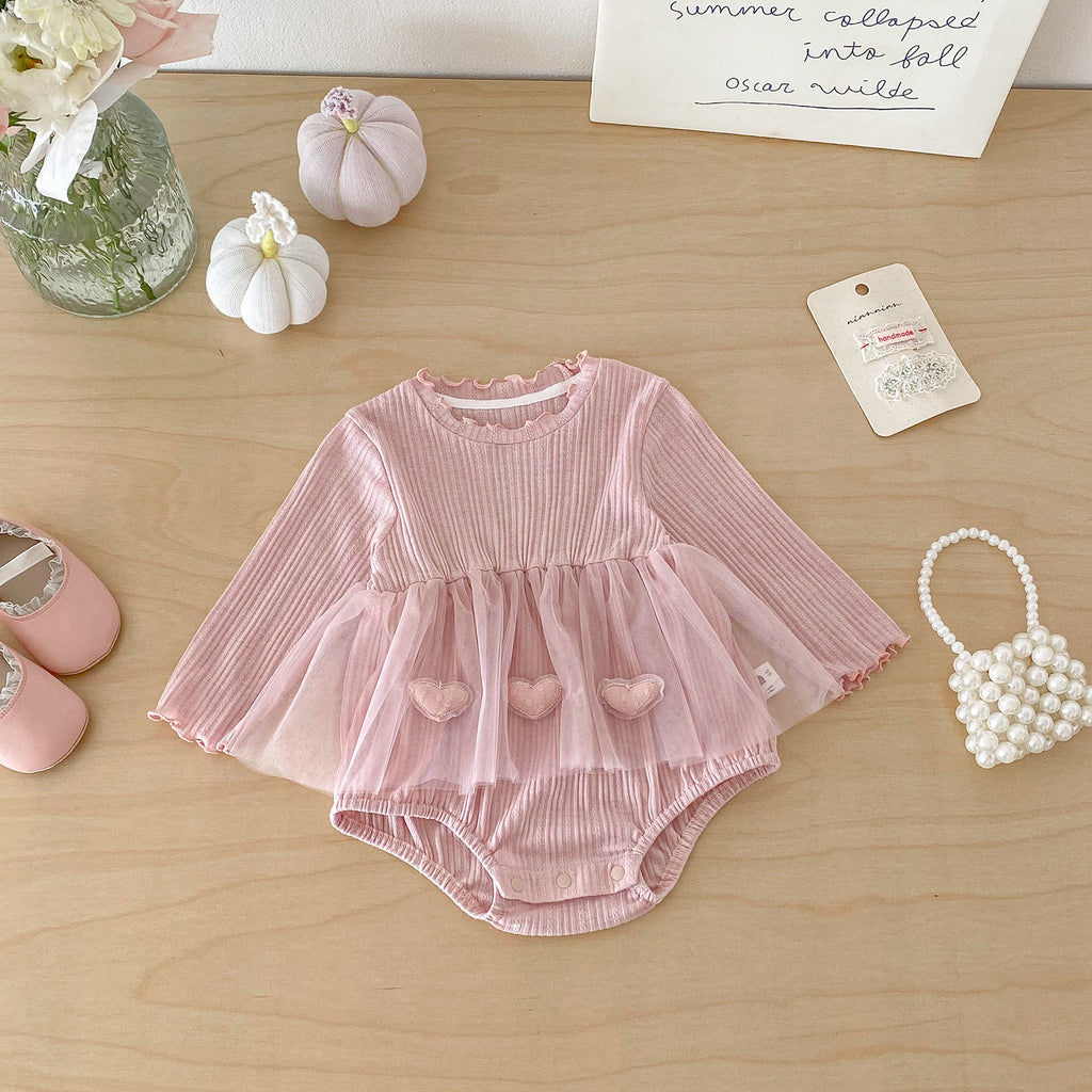 Spring New Knit Romper Dress for Baby Girls, Cute and Stylish Ribbed Hem with Lace Trim, Triangle Crawl Design