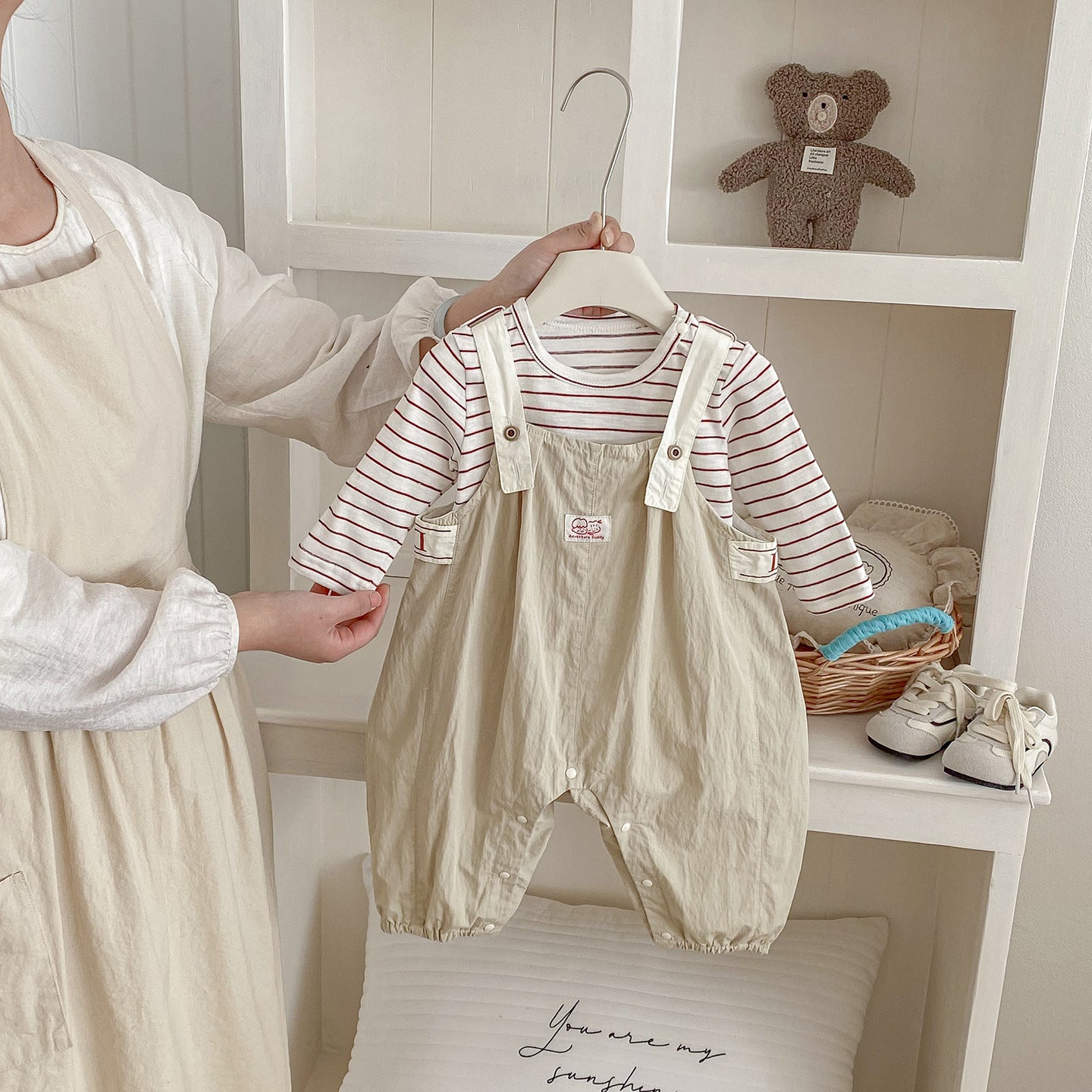 Cute Spring New Infant and Toddler Label Overalls Set, Baby Stylish Stripe Top and Pants Two-Piece Set