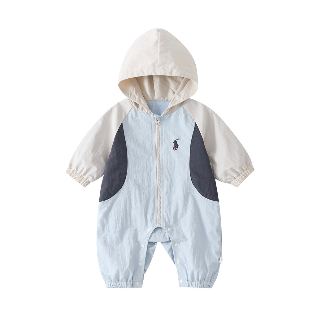 Spring New Baby  Hooded Romper Cute Simple Patchwork Long Baby Jumpsuit