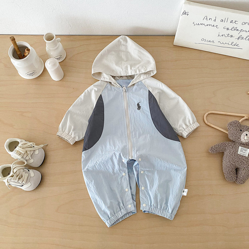 Spring New Baby  Hooded Romper Cute Simple Patchwork Long Baby Jumpsuit