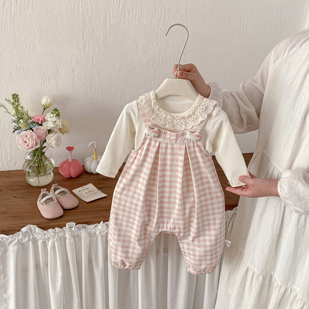 Cute Rabbit Print Checkered Overalls Set for Baby Girls Spring New Arrival Two-Piece Outfit with Bodysuit and Overalls