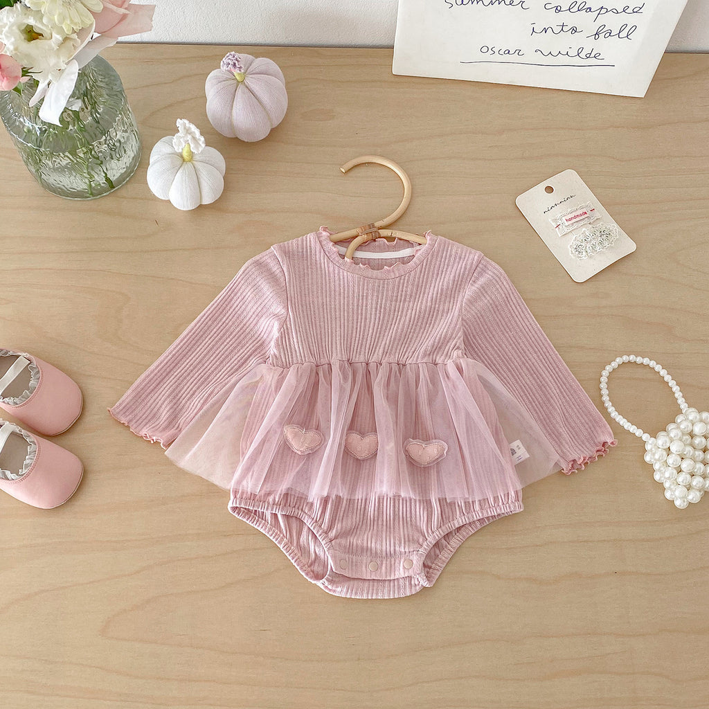 Spring New Knit Romper Dress for Baby Girls, Cute and Stylish Ribbed Hem with Lace Trim, Triangle Crawl Design